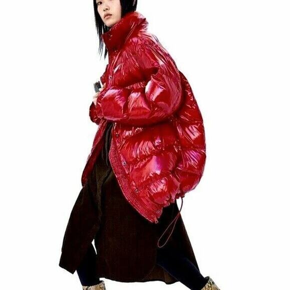 ZARA Oversized Puffer Glossy Shiny Jacket Coat Red Vogue Runway Sz M - Picture 2 of 9